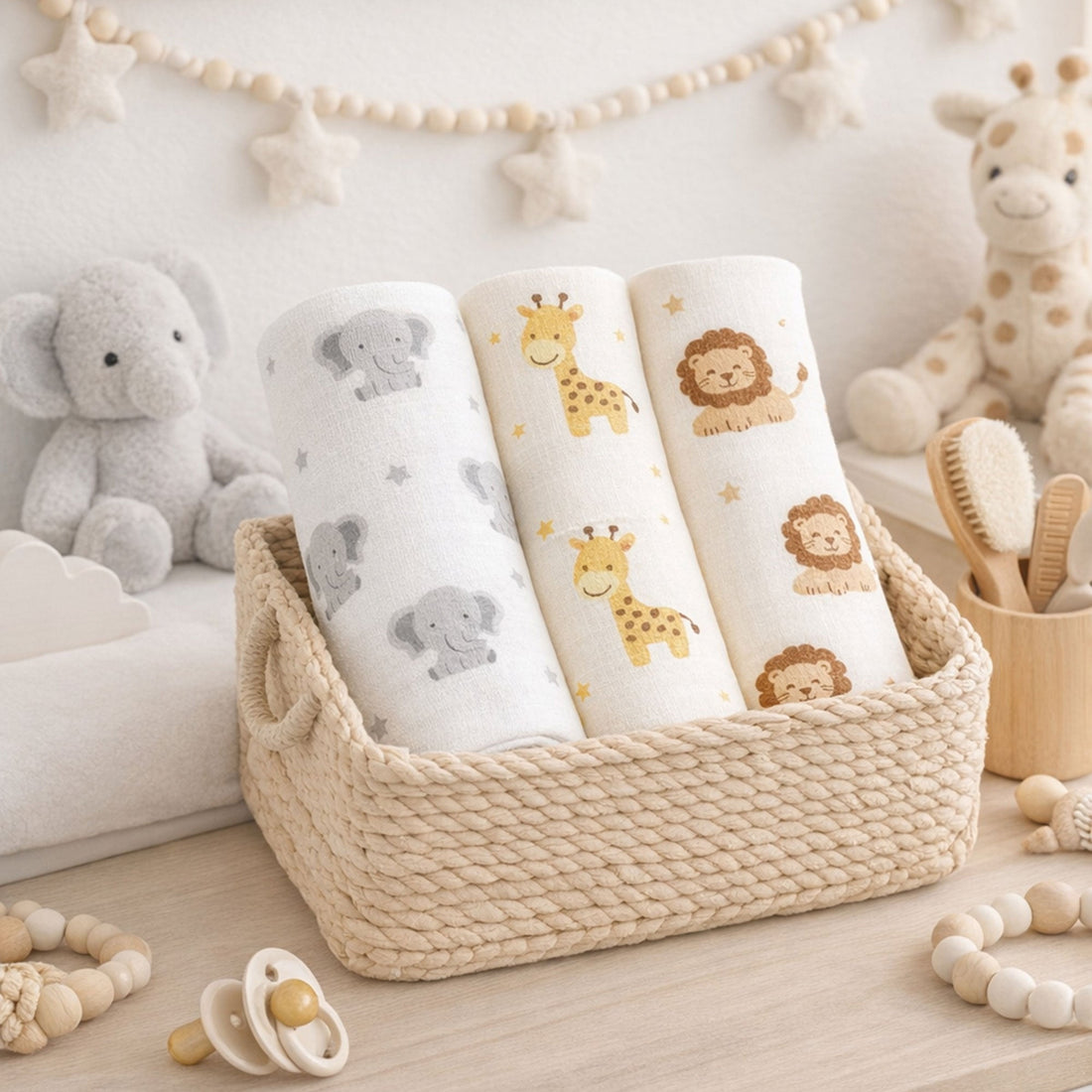 Animals print bamboo baby muslins folded in a basket