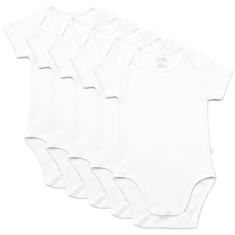 White organic cotton baby bodysuits in a pack of 5