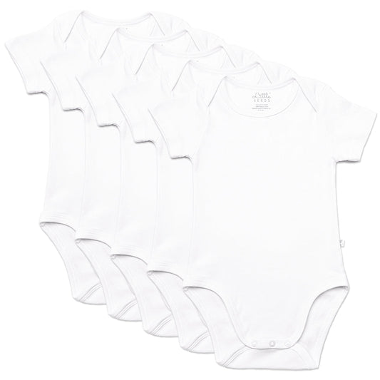 White organic cotton baby bodysuits in a pack of 5