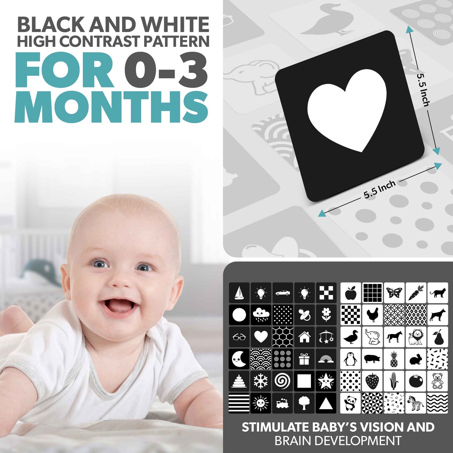 Baby Sensory Cards - 60 Black and White High Contrast Baby Flash Cards