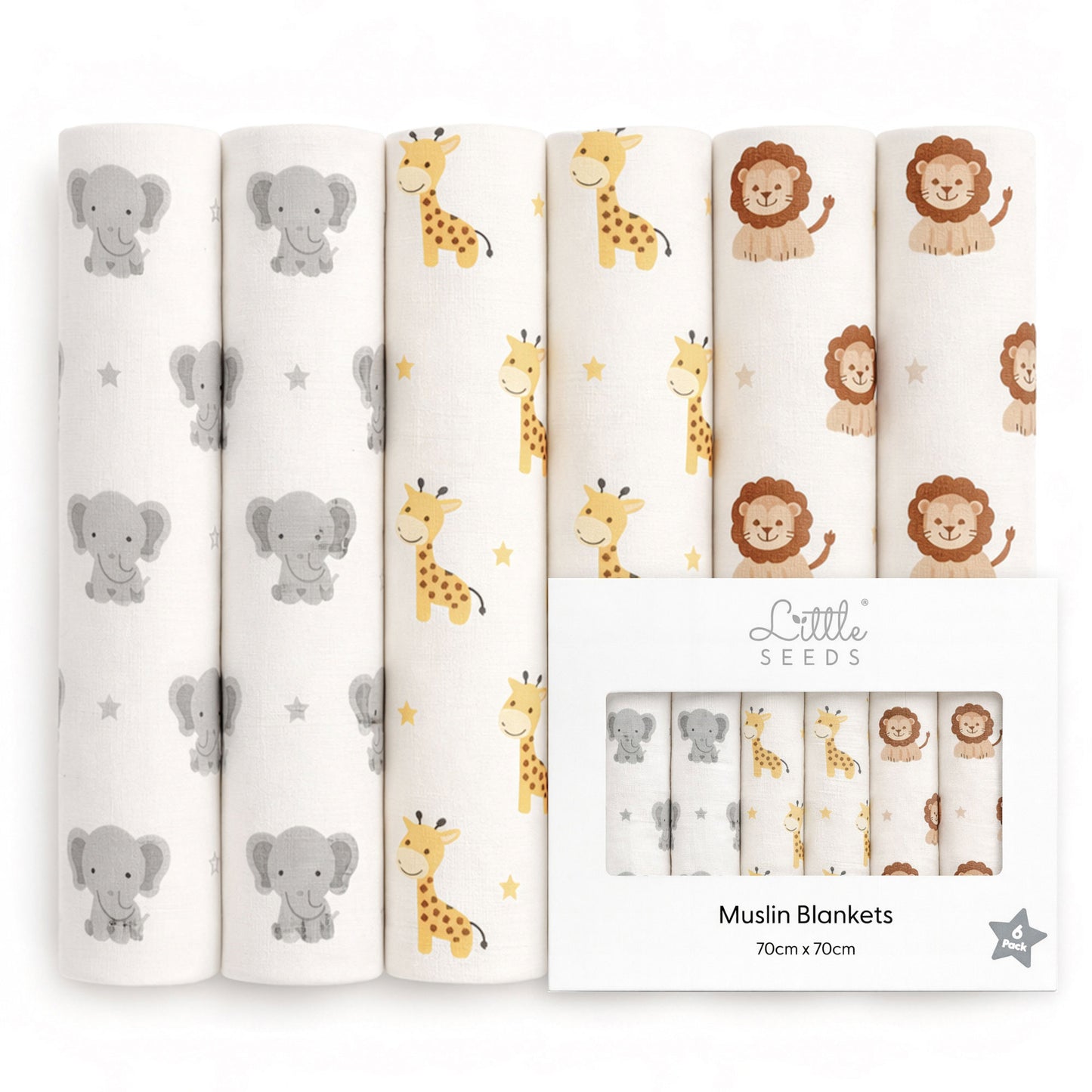 Baby Muslin Cloths – Soft & Absorbent 70×70cm Bamboo Muslin Squares for Newborns - ANIMALS
