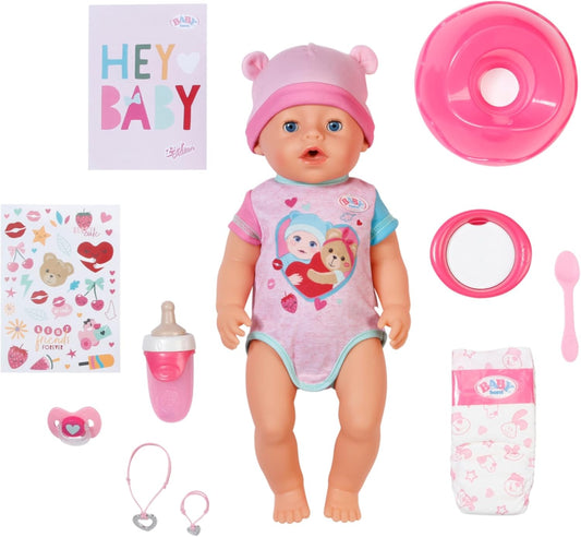 Everything in the box: Emma doll, bottle, plate, spoon, dummy, potty, nappy, stickers, birth certificate and bracelets